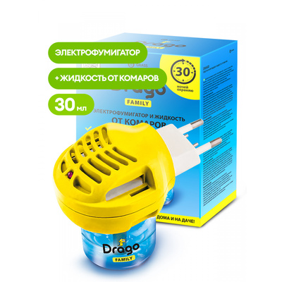 Средство инсектицидное "Жидкость от комаров". Комплект: электрофумигатор + жидкость от комаров Drago 30 мл, 1шт.