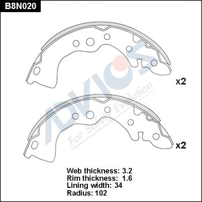 B8N020 ADVICS Комплект тормозных колодок