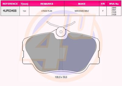 4UP03408 4u Комплект тормозных колодок, дисковый тормоз