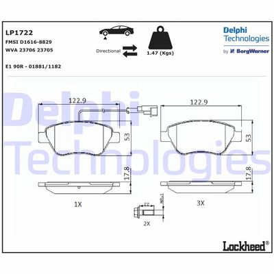 LP1722 DELPHI Комплект тормозных колодок, дисковый тормоз