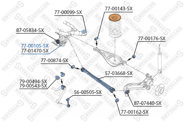 77-00105-SX_сайлентблок зад. балки пер. п.! BMW e46z4 all 98> | прав | Stellox                7700105SX