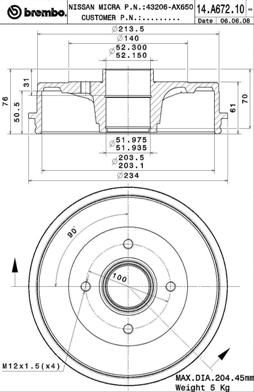 14A67210 BREMBO Тормозной барабан