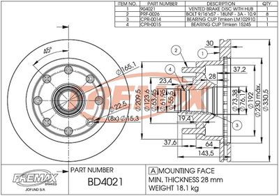 BD4021KT FREMAX Тормозной диск