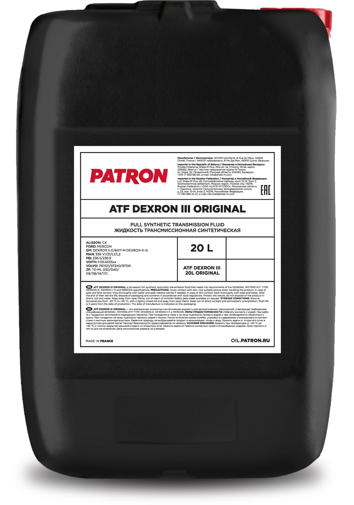 Трансмиссионные масла PATRON ATF DEXRON III 20L ORIGINAL
